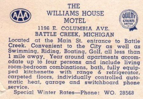 Williams House Motel - Vintage Postcard Back (newer photo)